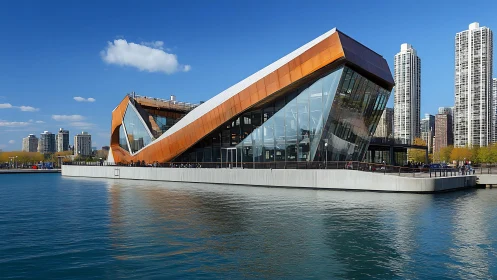Sunlit waterfront pavilion with bold modern geometry.