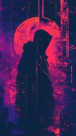 Hooded figure silhouette before circular neon backdrop.