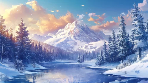 Snow covered conifer forest and distant mountain range.