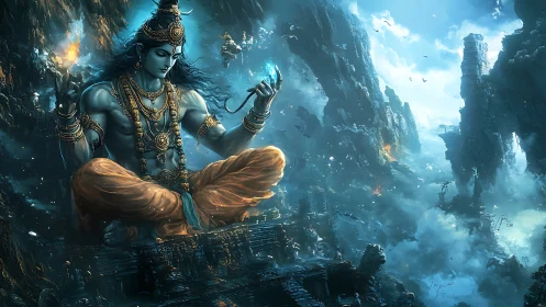 Cosmic mountain yogi weaving fire and ice across skies.