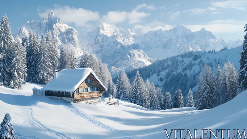 Snow-covered alpine cabin in conifer forested mountains.