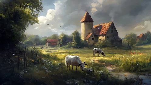 Sunlit cows wander below a storybook countryside tower.