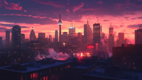 Urban skyline with tower at dusk under red purple sky.