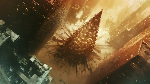 Soaring city Christmas tree beneath golden snowfall.