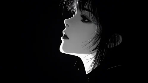 Side profile of stylized female head rendered in stark contrast