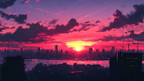 Neon magenta sunset over futuristic riverside megacity skyline