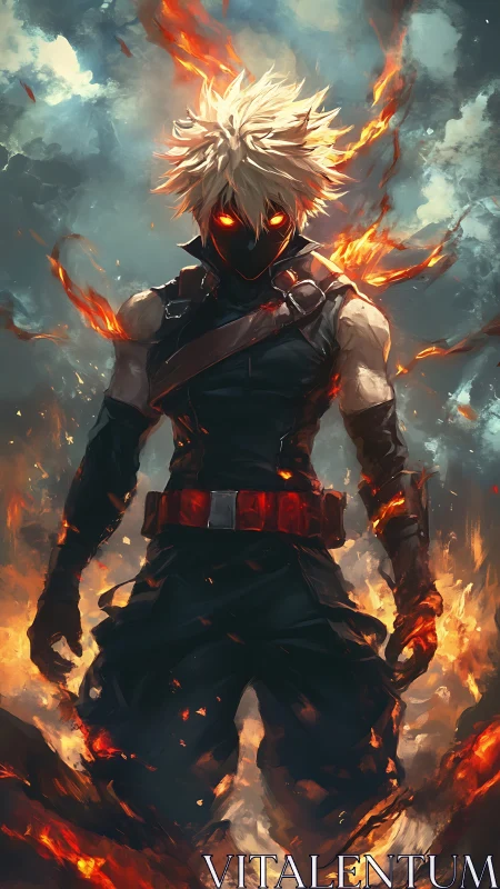 Masked combat figure surrounded by fire against storm clouds.
