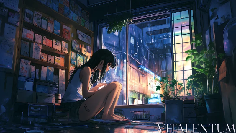 Rainlit window reader in neon-drenched midnight cityroom.