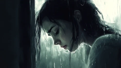 Rain-soaked reverie with a lone woman bent in quiet sorrow.