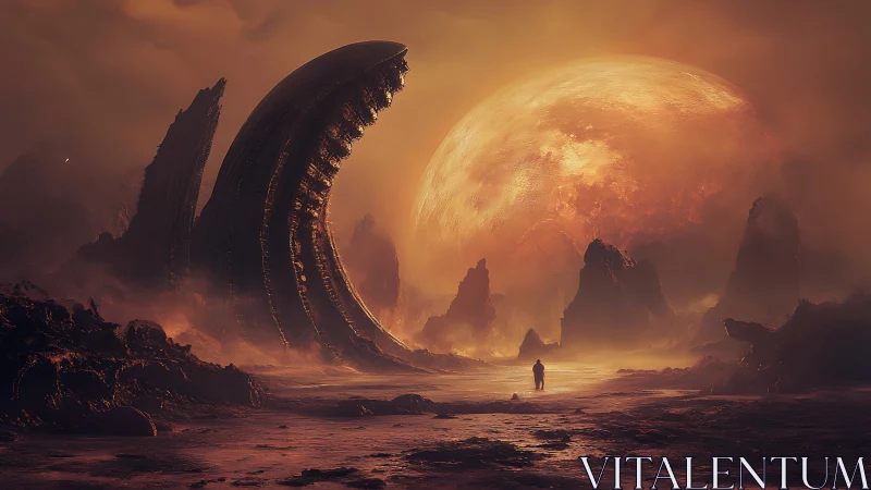 Colossal alien crescent ruin before a burning supermoon.