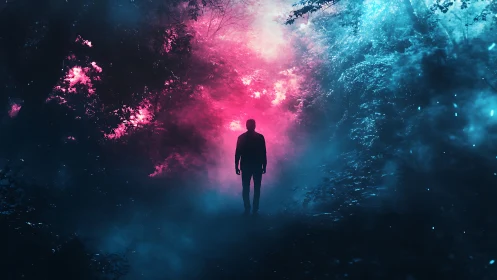 Silhouette in color fog within dense forest corridor.