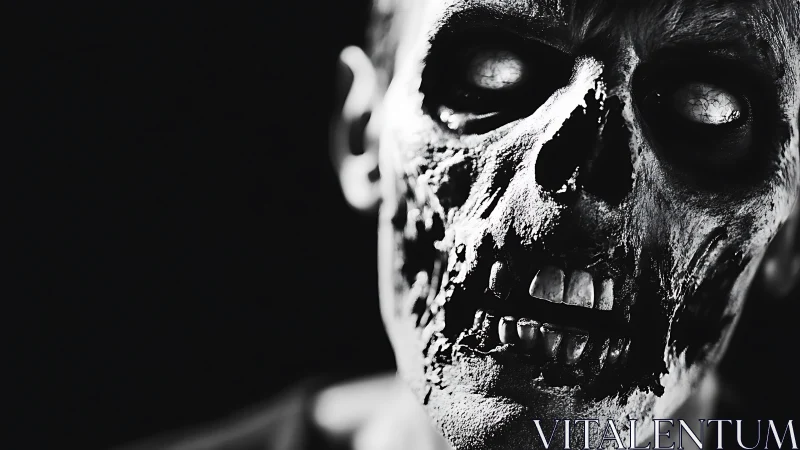 Decayed zombie portrait stares forward in stark monochrome