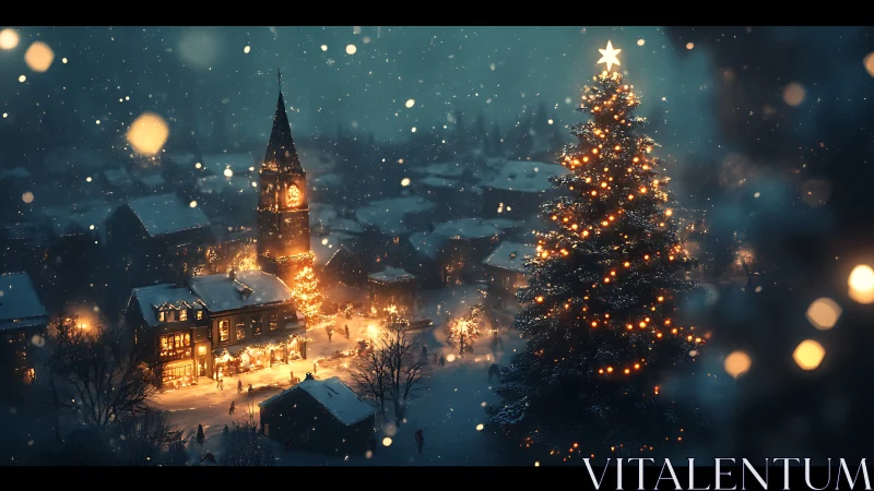 Snowfall-lit winter village with illuminated festive tree.