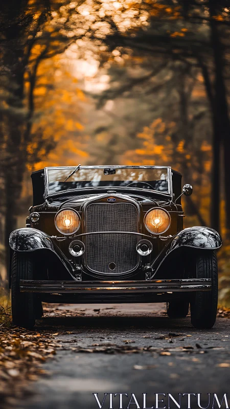 Vintage roadster stands on forest lane under warm dusk glow