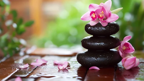 Zen stones and pink orchids create tranquil spa mood.