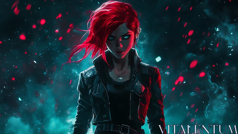 Red-haired cyberpunk heroine stands in glowing particle storm