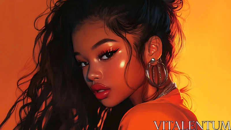 Digital portrait radiates molten orange light and gloss.