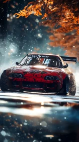 Red drift car charges through snowy forest in autumn light.