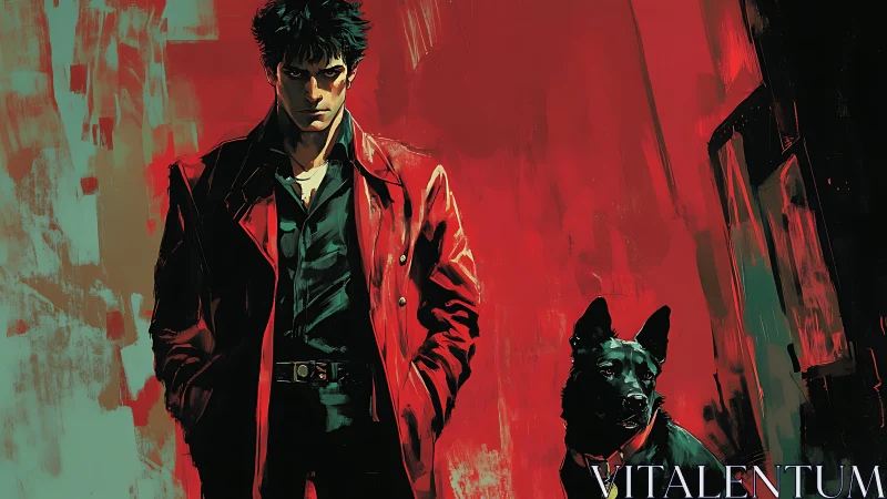 Brooding man with dog stands against vivid red city walls