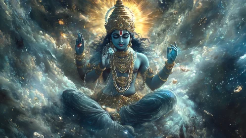 Cosmic blue deity meditates in swirling celestial ocean