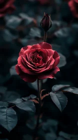 Crimson Rose Blooms Against Dark Garden backdrop.