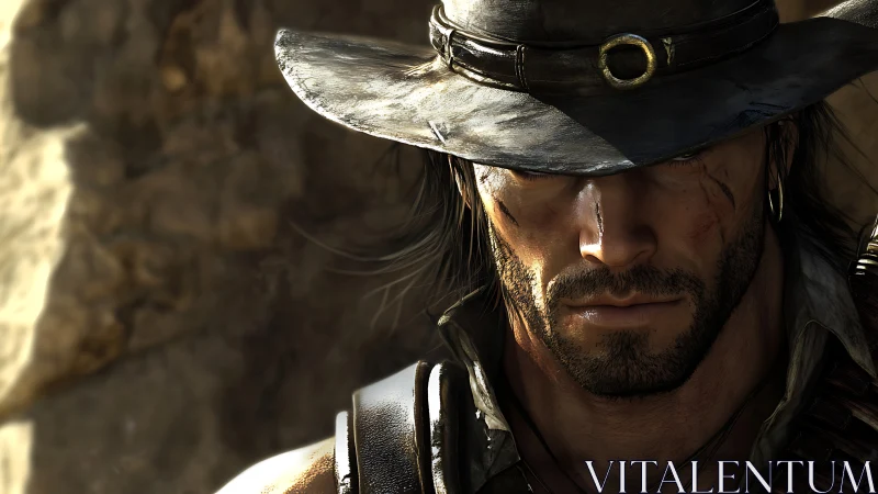 High-detail digital gunslinger portrait under harsh rim light.