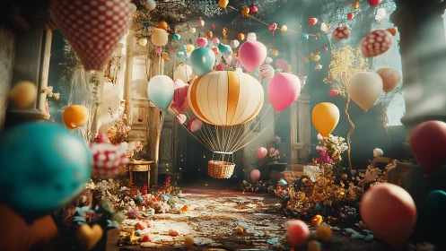 Indoor balloon-filled courtyard with central airship basket.