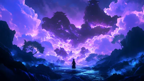 Silhouette stands before luminous clouds and distant structures