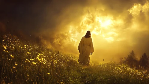 Robe clad figure walks toward blazing golden sunset sky.