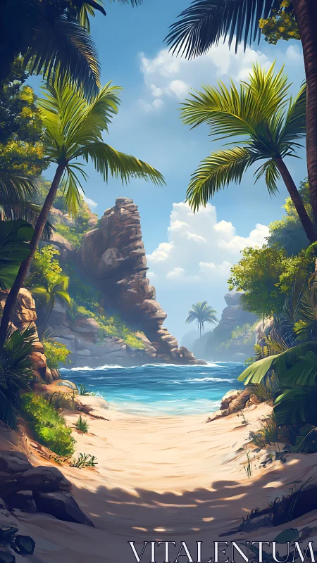 Digital rendering of tropical coastal landscape with rocky formations and vegetation