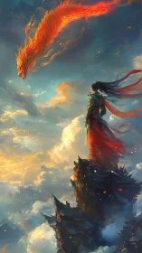 Warrior on jagged peak facing blazing celestial dragon.