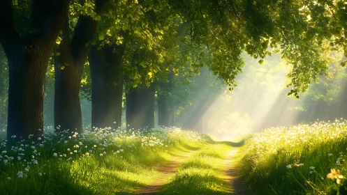 Sunlit forest path with wildflowers in dreamy morning light.