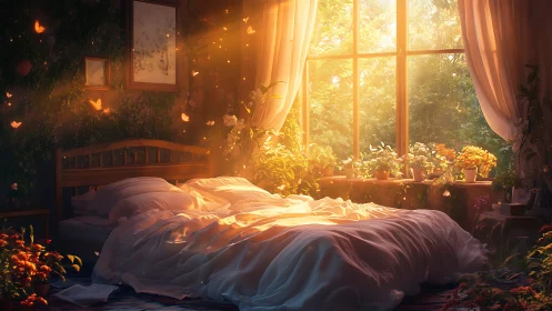Sunlit garden bedroom where morning butterflies awaken dreams.