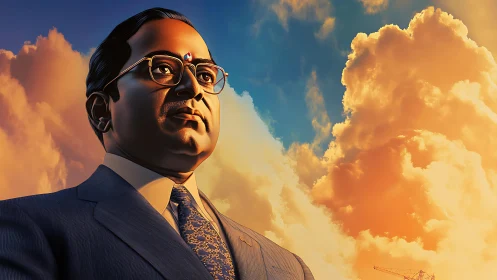 Portrait of dignified leader under radiant sunset sky.