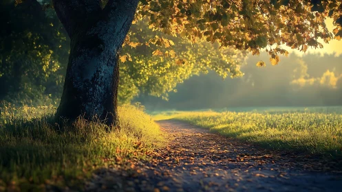 Golden woodland path curves beneath sunlit branches.