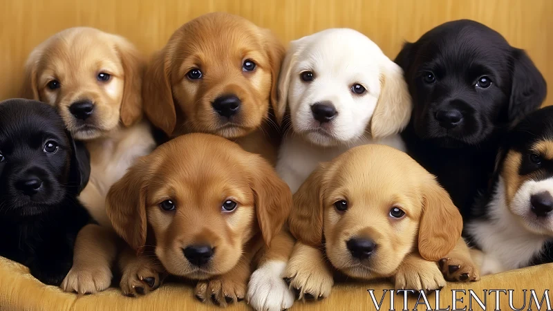 Group portrait of golden, black and cream puppies together.