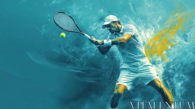 Bold tennis swing captured in glowing teal and gold energy.