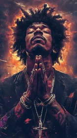 Soulful prayer bathed in firelit color and quiet strength.