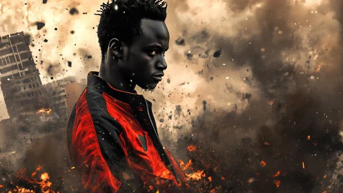 Side-lit man in red jacket amid urban explosion debris field