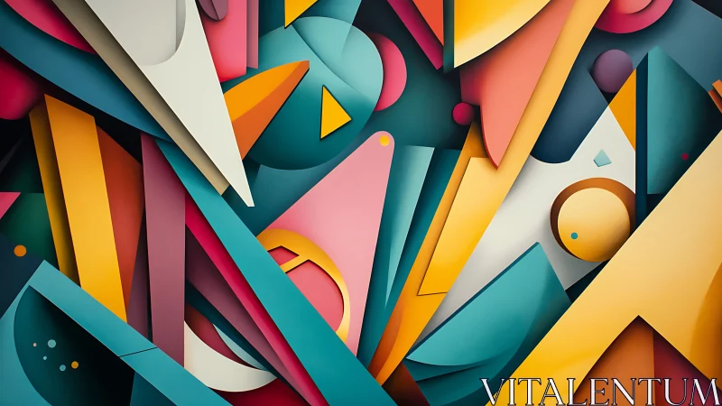 Geometric carnival in teal and gold, colliding cheerful shapes.