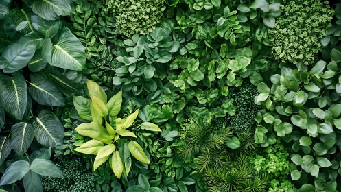 Lush vertical plant wall with layered emerald foliage textures.