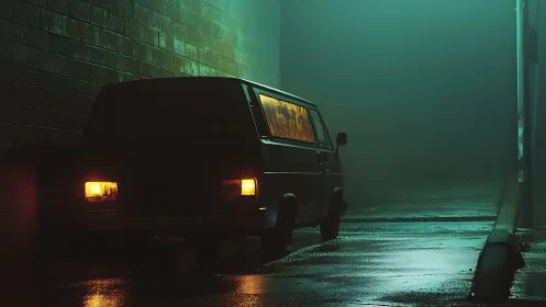 Lone van humming in neon-soaked midnight alleyway hush.