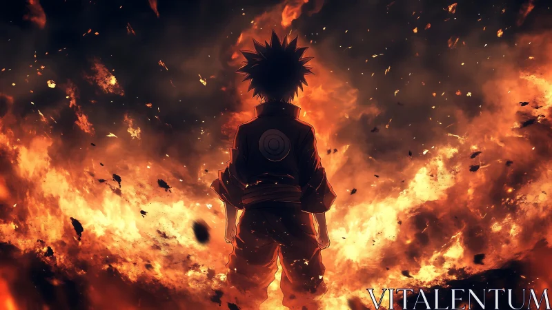 Anime warrior silhouette confronts engulfing inferno backdrop