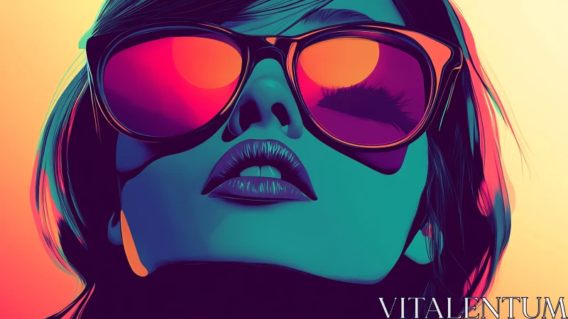 Bold neon portrait of woman in oversized reflective shades.