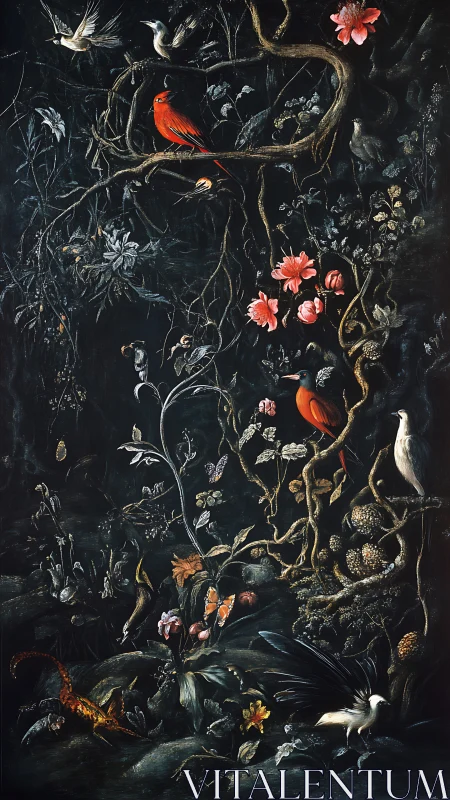 Nocturnal aviary entwined with florals and winding roots.