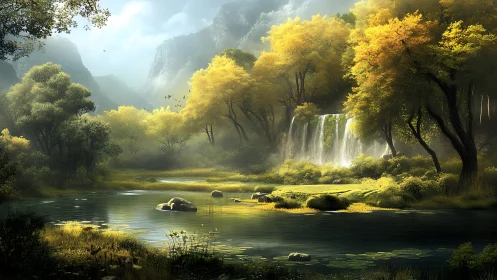 Forest waterfall landscape shows misty mountains and lake