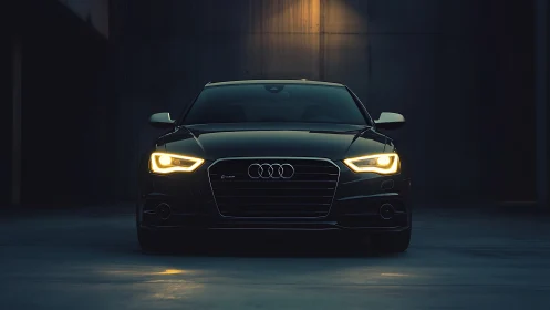 Midnight Audi prowls a dim garage with predatory calm.
