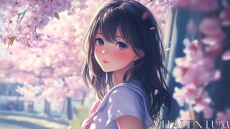 High-fidelity anime portrait amid diffuse cherry blossom bokeh.