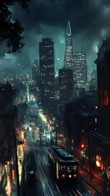 Rain-soaked night tram descends neon-lit downtown street