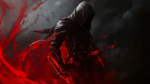 Hooded rogue in crimson energy surge, high-contrast digital art